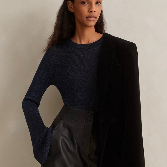 ME+EM Women's L Metallic Sparkle Navy Blue Long Sleeve Ribbed Knit Top Sweater - Picture 4 of 12